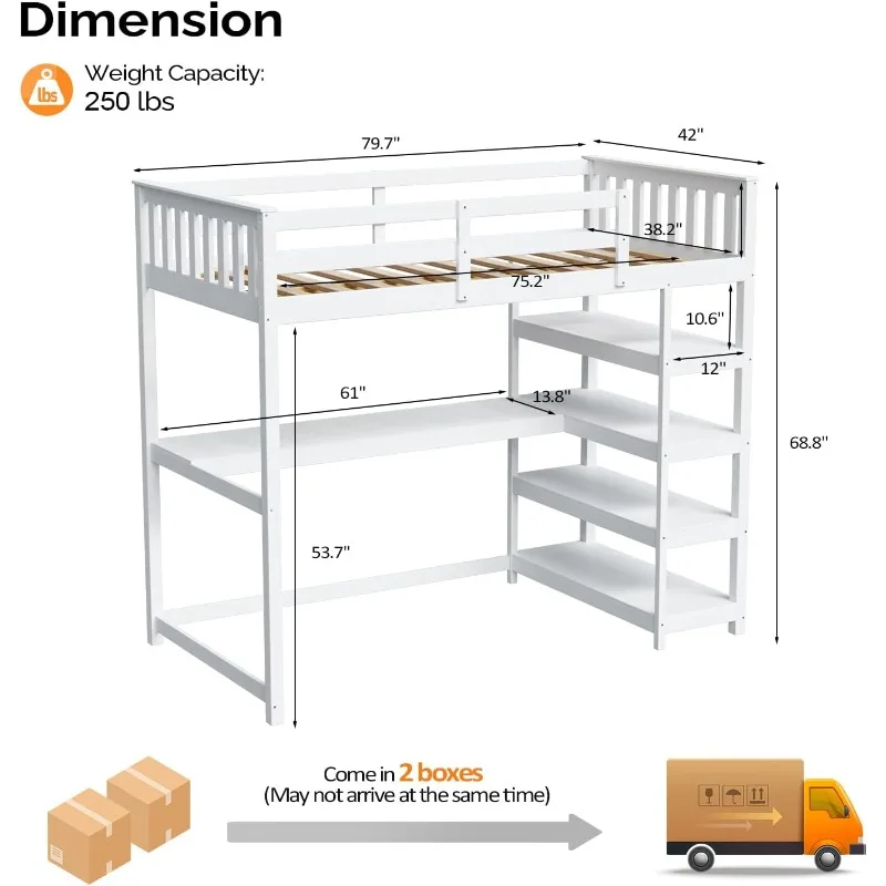 White Bunk Bed with Desk and 4-Layer Shelves Loft Bed Twin Size with Under Desk and Bookcase Storage