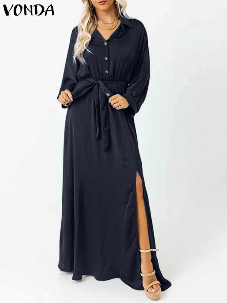 VONDA 2024 Summer Women Elegant Shirt Dress Long Sleeve Belted Maxi Sundress Fashion Lapel Split Solid Color Buttons Casual Robe