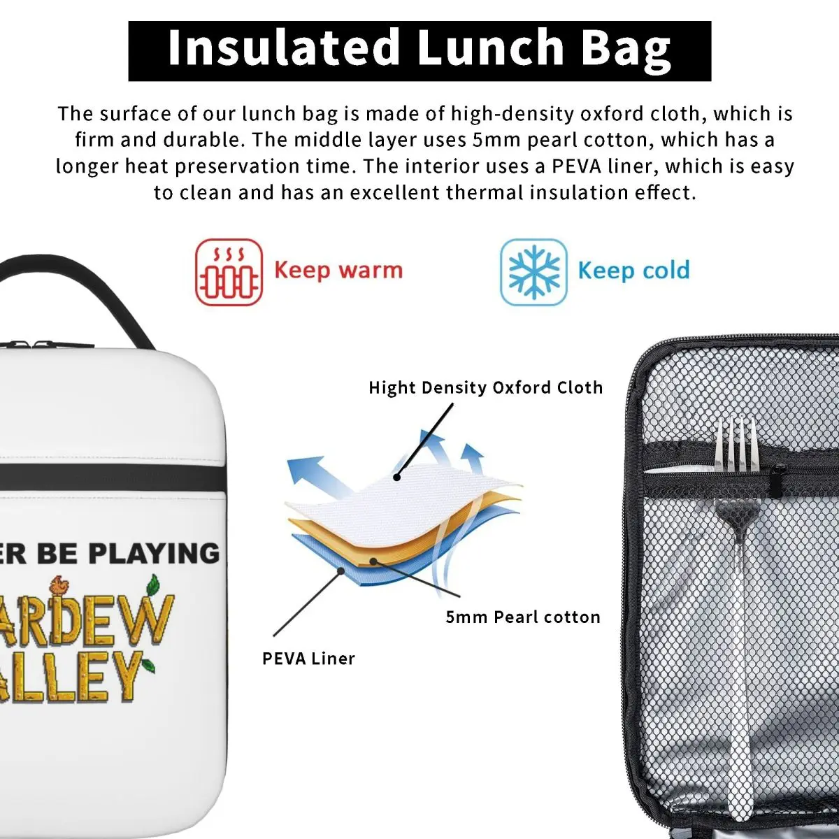 I'd Rather Be Playing Stardew Valley Insulated Lunch Bag for Women Children Portable Food Boxes Thermal Lunch Box Tote