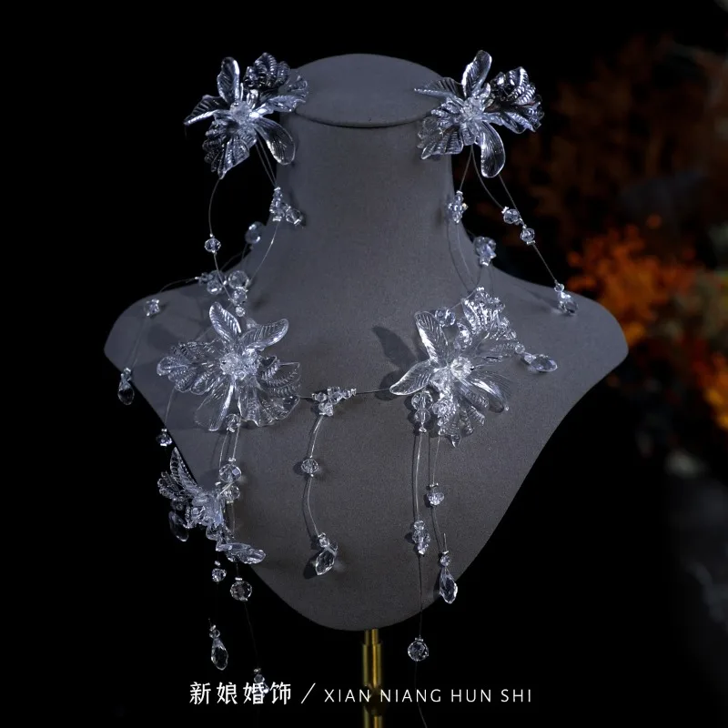 

Новый корейский простой головной убор, цепочка на шею, цветок, набор зажимов для ушей, свадебные универсальные аксессуары, ожерелье, ювелирные изделия для женщин