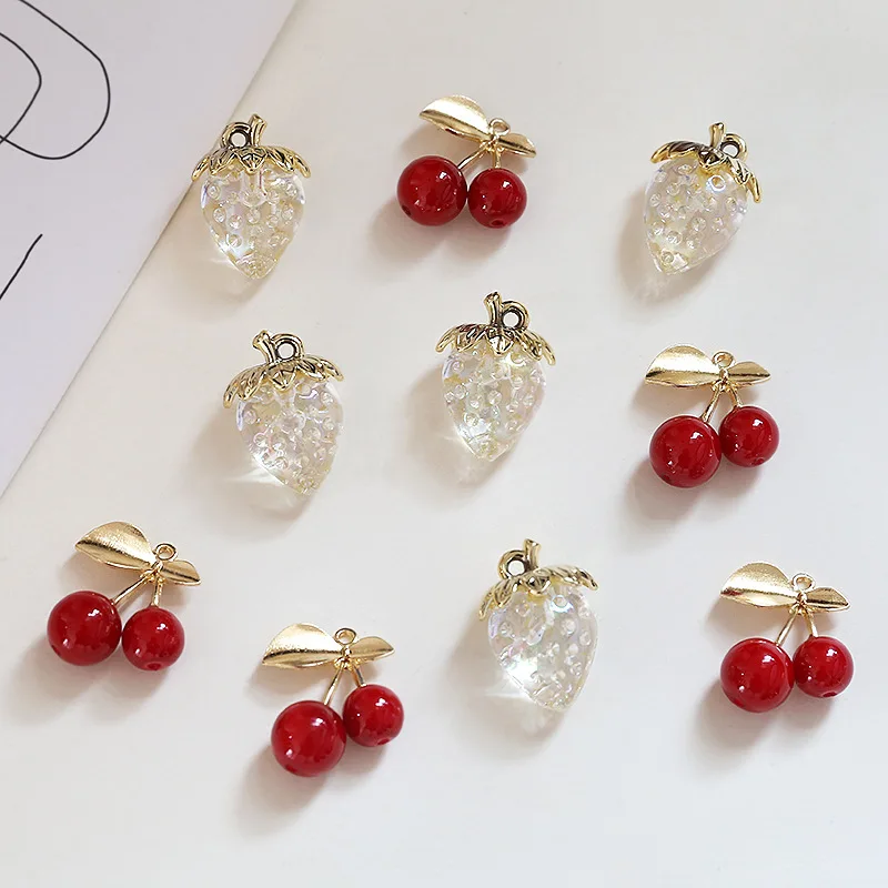 20pcs/ Bag  Luxurious Golden Plated Strawberry Cherry Pendant Beads for Earring Bracelets Necklace Making Accessories