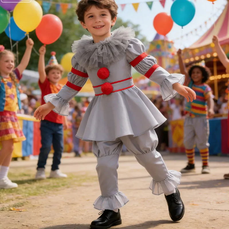 Halloween Costume Girl	Scary Clown Cosplay Costume Long Sleeve Dress+Pants 2pcs Sets For Children Carnival Cosplay Costume