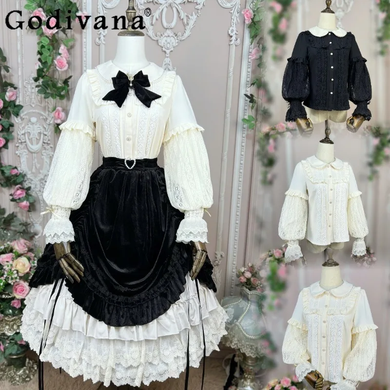 2025 primavera outono novo original lolita manga longa doce boneca colarinho camisa vintage elegante senhora lanterna manga interior lolita topo