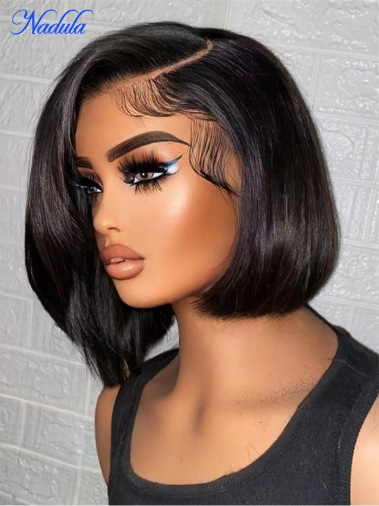 

Nadula Side Swept Bangs 4x4 Lace Closure Straight Bob Wigs Pre Cut Pre Bleached Glueless Human Hair Wig Pre Plucked