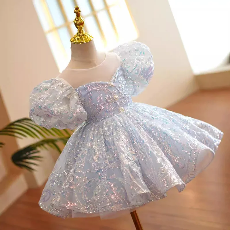 

Синий пышный костюм для фортепиано с блестками для девочек, платье принцессы с цветочным узором для девочек, блестящее сценическое платье