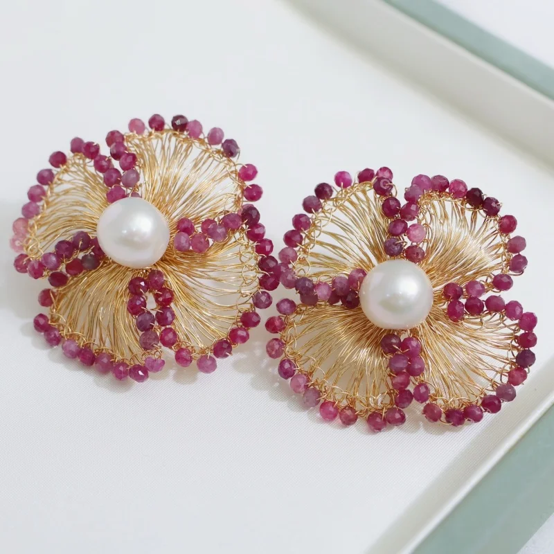 مجوهرات SGARIT الرائجة ذاتية الصنع 14 قيراط مملوءة بالذهب الطبيعي واللؤلؤ المستدير وزهرة الياقوت مجوهرات للحفلات النسائية #3