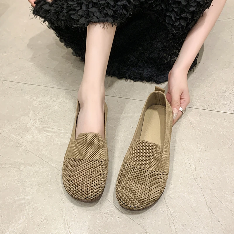 Holes Loafers Summer Casual Shoes Women Flat Heel Square Toe Hollow-out Sneakers Barefoot Shoes Moccasin Female Knitted Flats