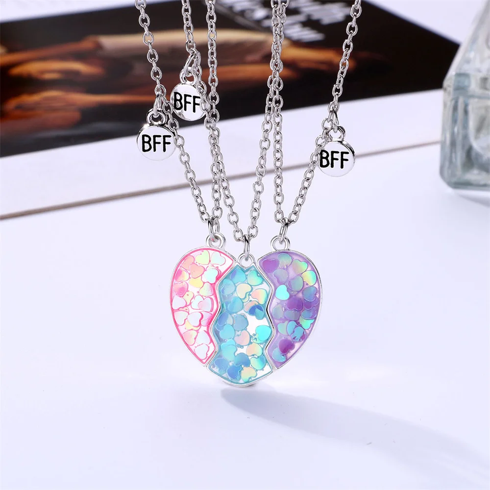 3pcs Magnetic  Best Friends Pendant Necklace Stitching Heart Colorful Sequins Necklace Gift For Men Or Good Friends Or Couples