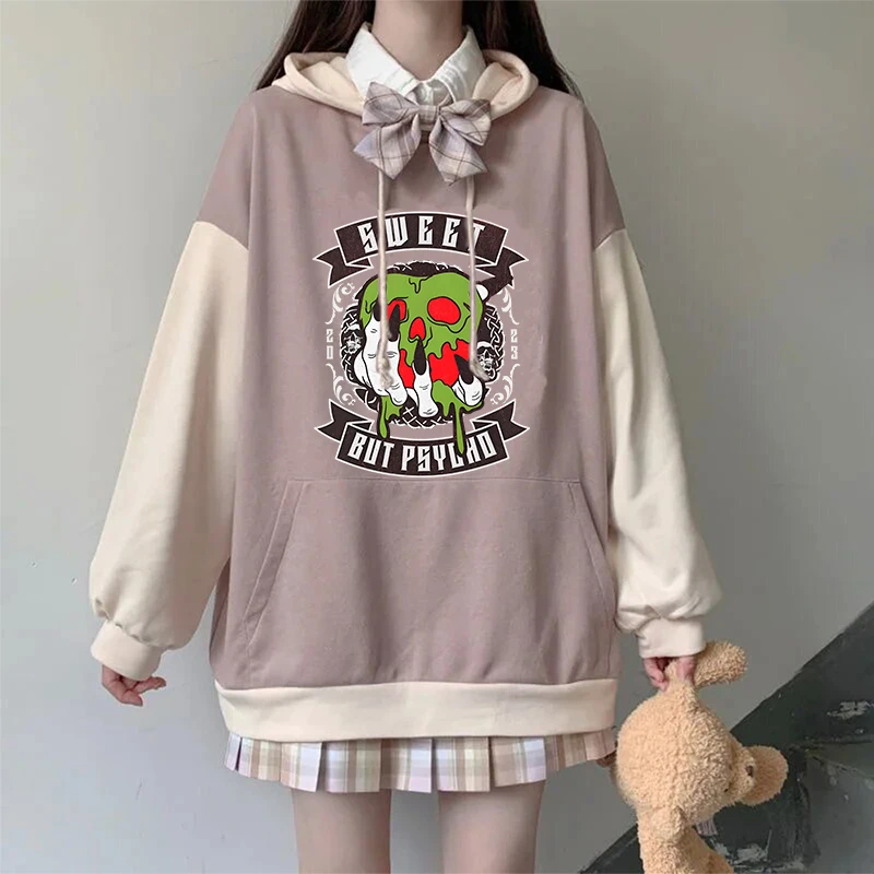 Y2K American Retro Creative Devil Apple Pattern Print Casual Loose Hoodie Women High Street Hip-hop Fashion Versatile Sweatshirt