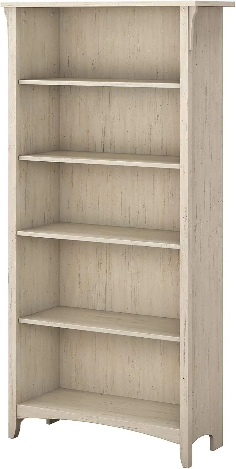 Furniture Salinas 5 Shelf Bookcase in Antique White, Tall Bookshelf, Large Book Shelf for Living Room, Home Office, or Entr