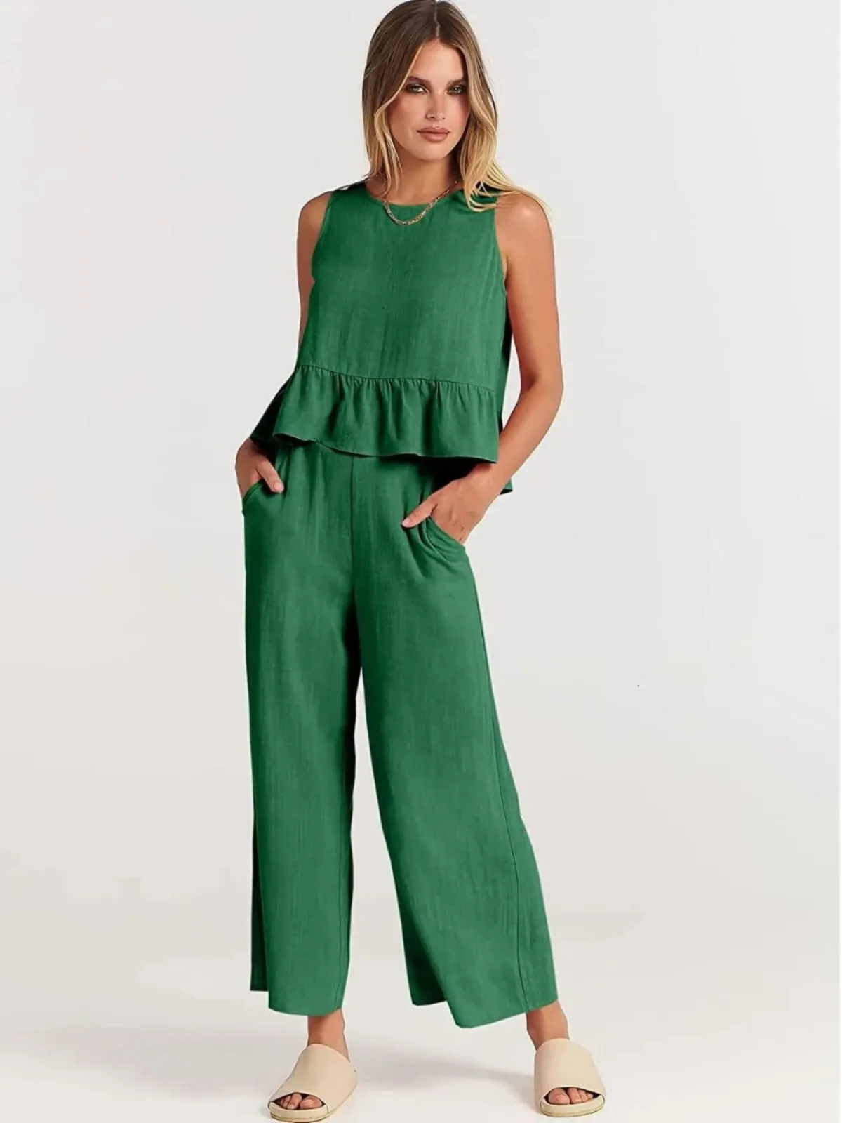 

Women's Svel Pleated Vest Crop Pants Set round Ne Casual Sportswear Nine-Foot Pants Spring Season Chinese Origin