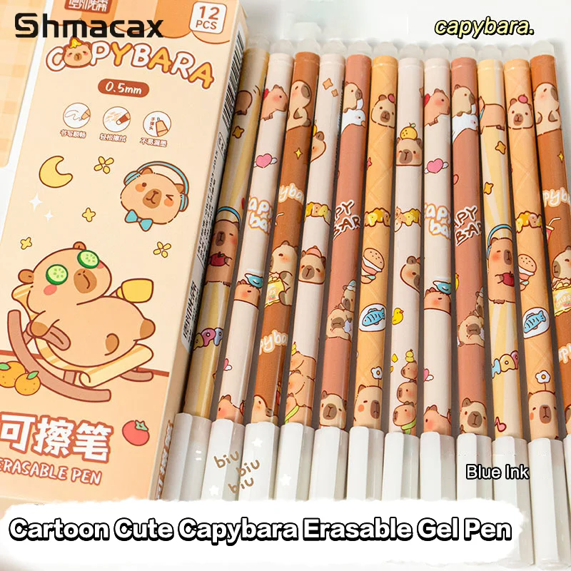 12Pcs Cartoon Capybara Panda Gel Pen Writing Smooth Quick-Drying Blue Erasable Pens Kawaii Student Stationery Office Supplies