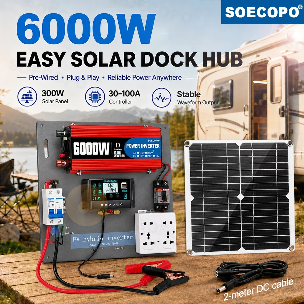 SOECOPO Plug & Play Pre-Wired Solar Power Hub Kit 6000W Inverter 300W Panel Controller 2m Cable High Output for RV Camping Home