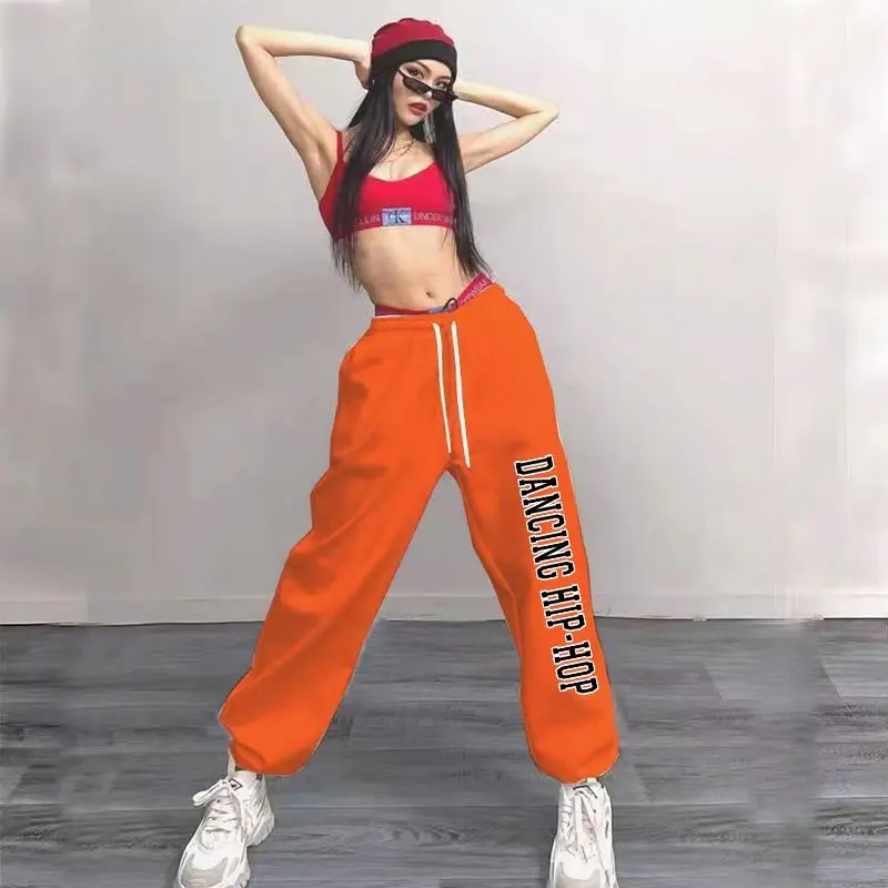 المرأة شخصية إلكتروني طباعة Sweatpants الكورية نمط العصرية الجاز بنطلون رياضي عادية فضفاض عالية الخصر الرقص بنطال رياضي
