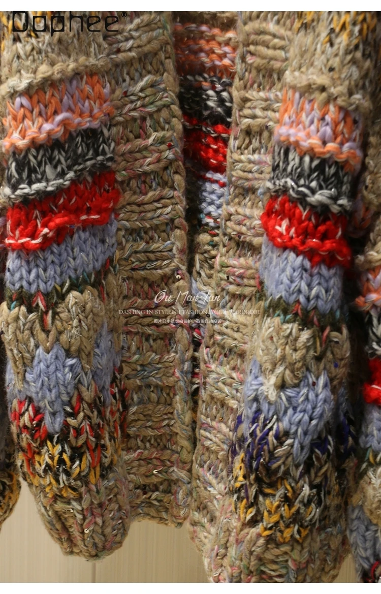 Autumn Winter Fashion Patchwork Striped Knitted Loose Thickened Warm Sweater Commuting Style Trendy Loose Slim Knitted Cardigan