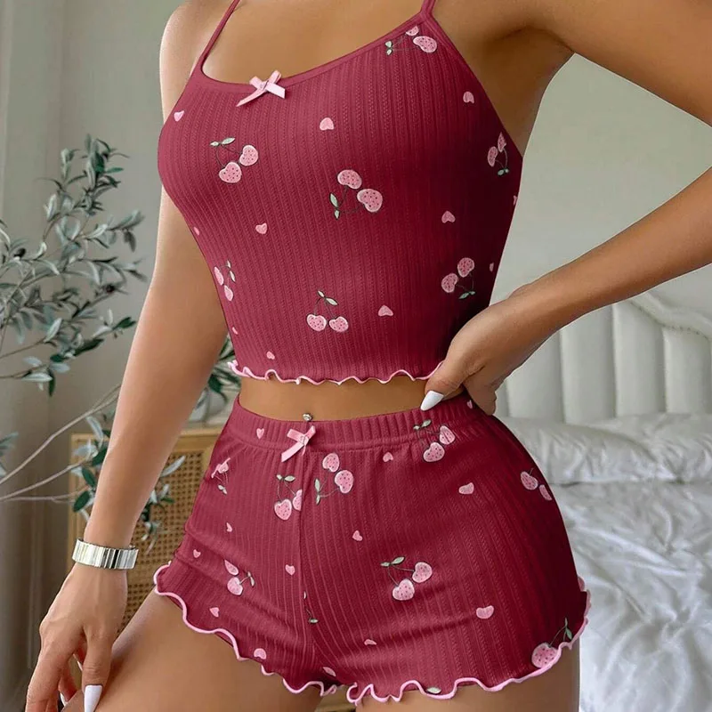 New Women's Pajamas Set Cherry Print Strap Vest Ladies Pyjamas Femmes Sexy’ Set Korean Reviews Many Pajamas SYTZ01