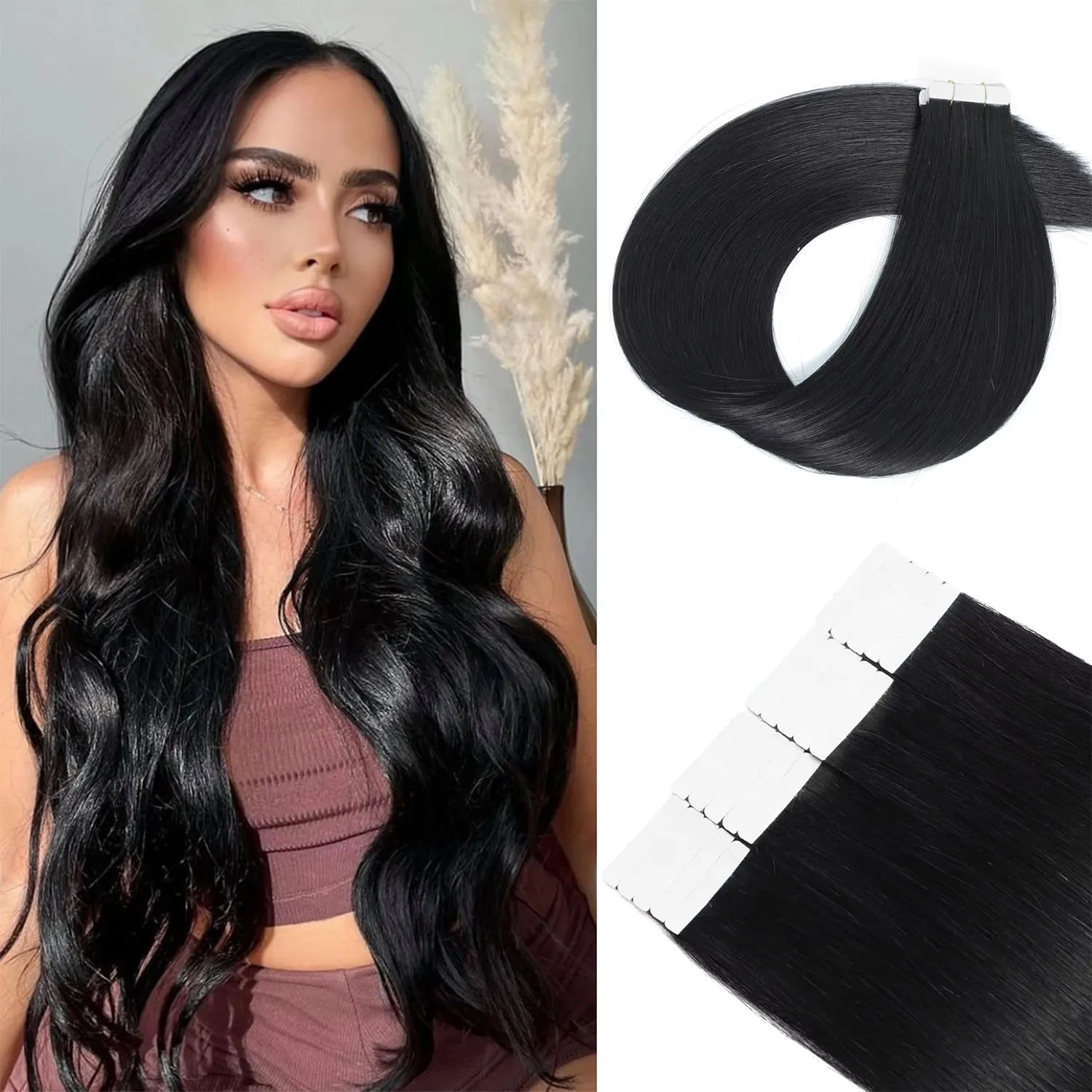 Straight Tape In Hair Extensions Natural Black Remy Hair Extensions Tape In 50g Per Pack Seamless Natural Hair 16-26Inch #1B