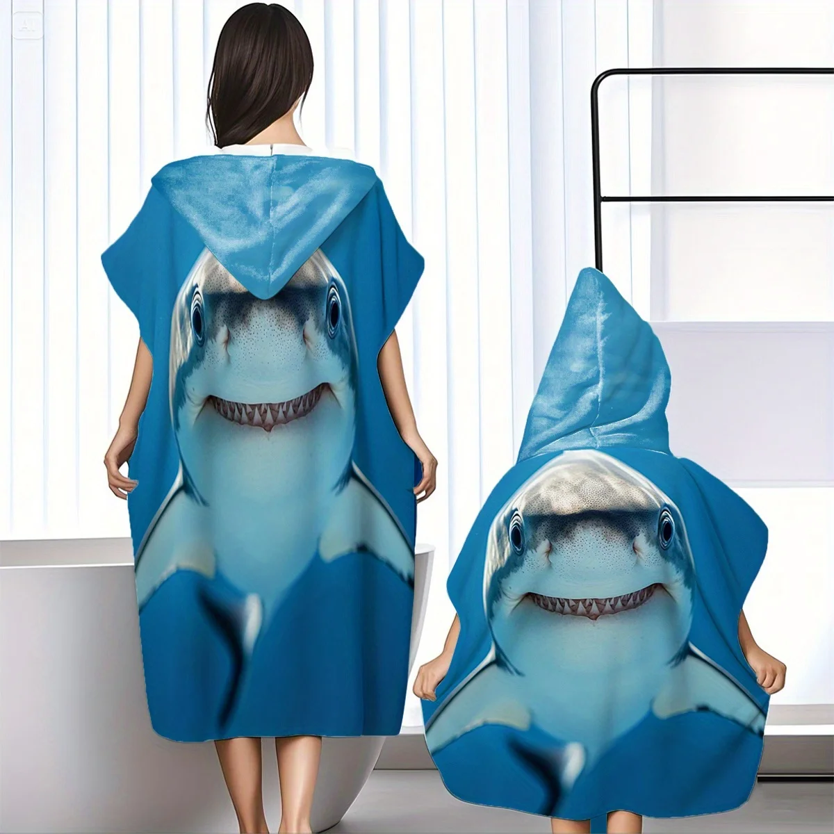 1pc  Ocean Style Microfiber Hooded Beach Towel with Shark Pattern, Super Soft Comfortable, Quick Drying, Skin Friendly