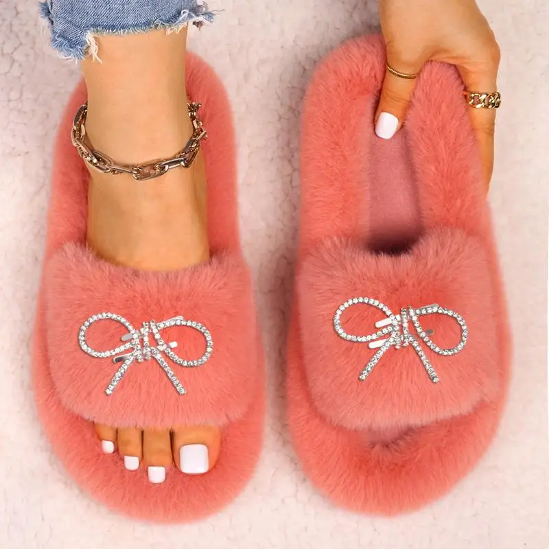 Winter Female Warm Slippers Rhinestone Bowknot Design Indoor Leisure Fashion Cross Cotton Furry Women Home Slides Flip Flops