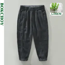 Spring Summer New Linen Ankle-length Pants Men Clothing Vintage Thin Elastic Waist Casual Trousers C2058