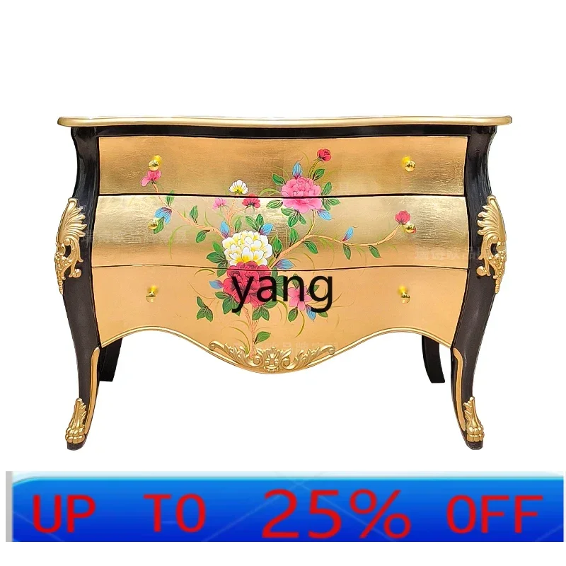 

LMM new Chinese gold foil three-bucket cabinet solid wood living room storage painted drawer storage sofa side cabinet