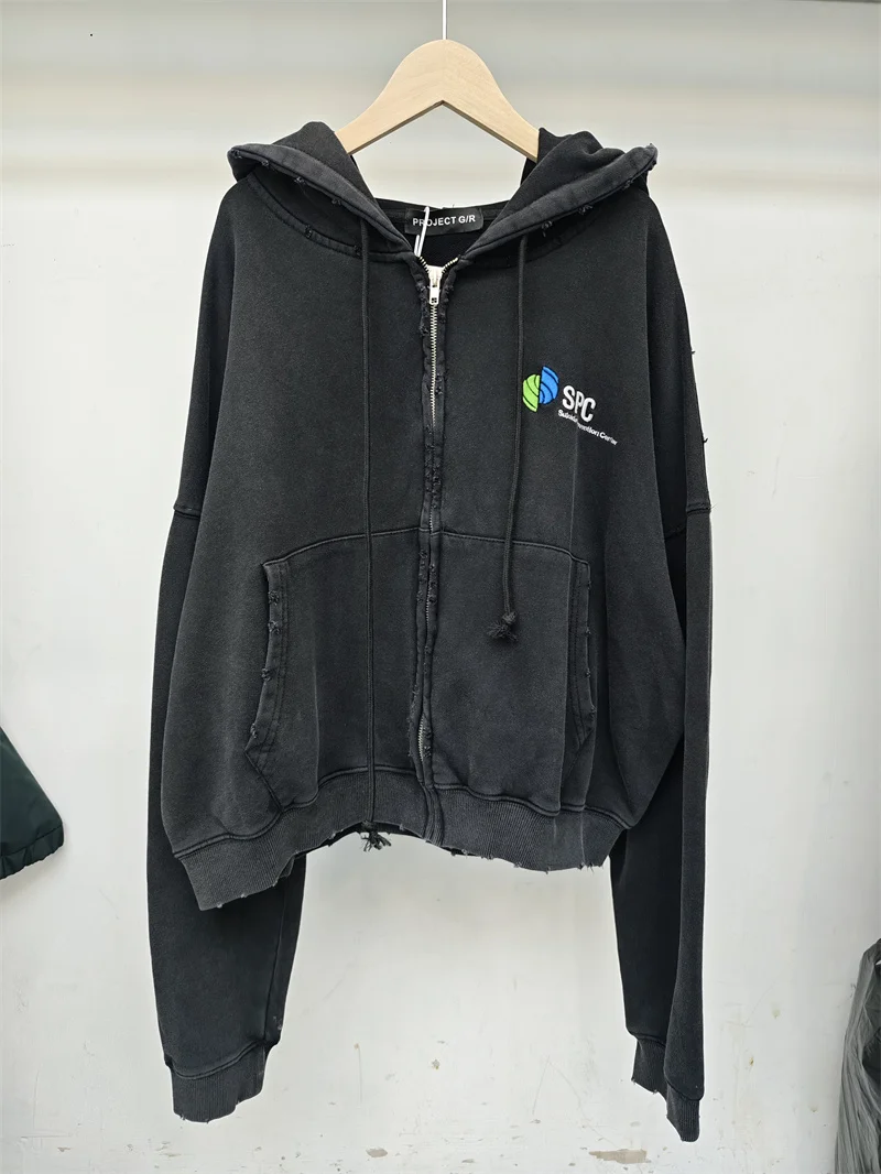 Retro Black PROJECT G/R Zipper Hoodie Wear Out Loose Casual Men's Hoodie