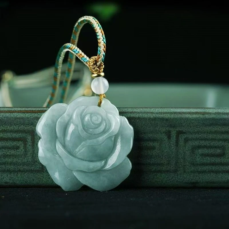 

Natural Blue Water Jade Essential Carving Blooming Rose Necklace Pendant Jewelry Accessories Fashion Personalized Couple Gift