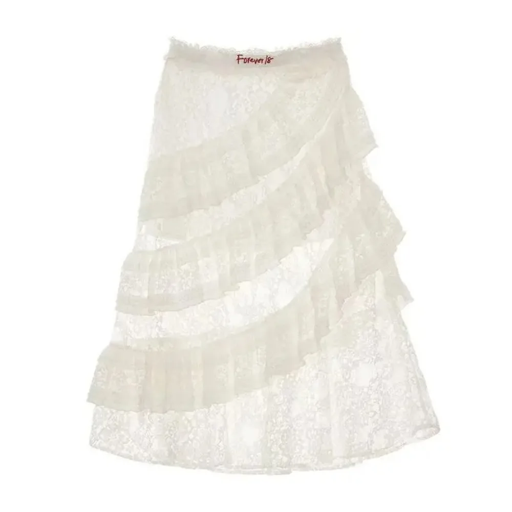 New American Lace MultiLayer Tulle Skirt Slim Design Spice White MidLength HighWaisted Halter Skirt Fashionablepieceforachiclook