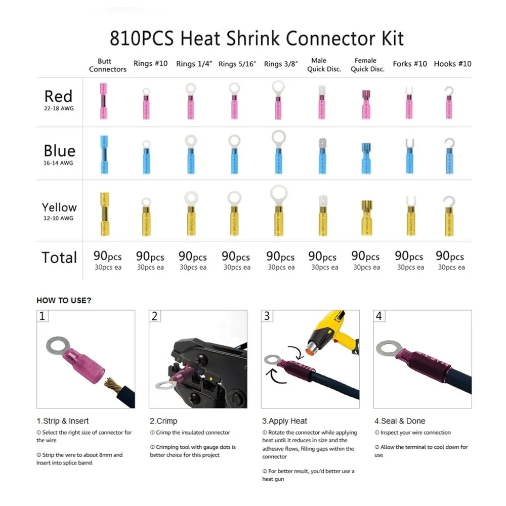 810Pcs Ring Fork Hook Spade Butt Splices Heat Shrink Connectors Insulated Automotive Marine Waterproof Wire Terminal Kit