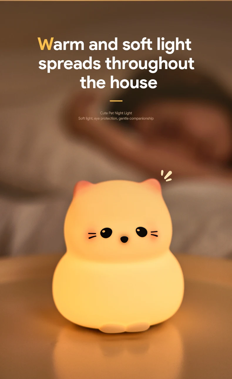 Guardian Kitty Silicone LED Night Lights USB Rechargeable Sleep Night Lamp Timing Bedside Room Decor Kids Baby Nightlight Gift