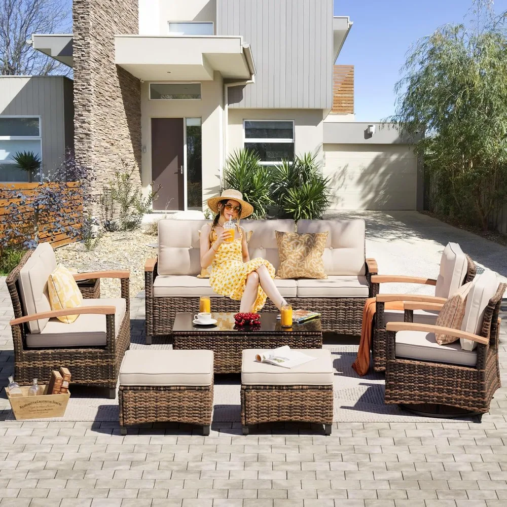 

Furniture Sets,PE Wicker Outdoor Conversation Sets with 2 Wood Armrests Swivel Rocker Chairs,2 Ottomans,2 Sofas and Coffee Table