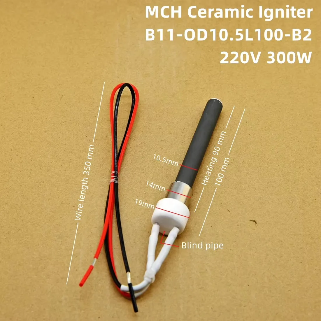 1PCS 220V Ceramic Igniter Ceramic Heating Tubespark plug for pellet stove10.5*6*100mm  300W pellet stove ignitor black