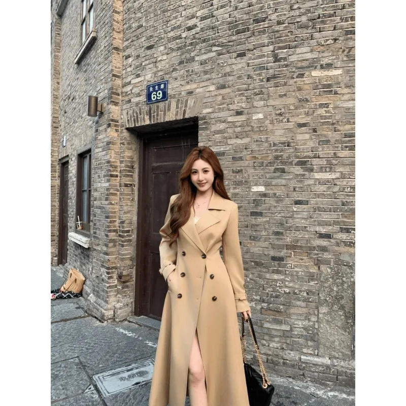 Autumn Winter Double-row Trench Coat Over The Knee Slim and Thin Temperament Fashionable Long Spring Autumn Coat Exquisite Coat