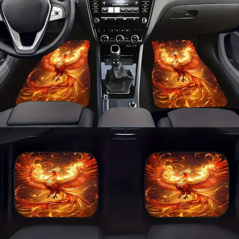 4pcs Flame Phoenix Pattern Car Footrest 4pcs Set, Universal Non-Slip Crystal Velvet Material, Easy To Clean Car Interior Decorat