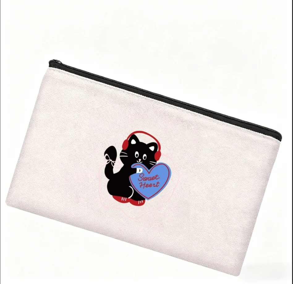 1PC Sweet Heart Headset Black Cat Cosmetic Bag Canvas Zipper Makeup Pouch