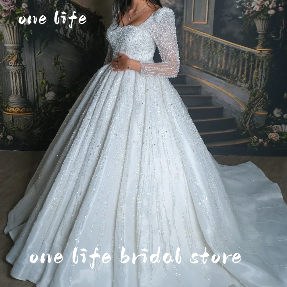 

One Life Customized Luxury Pearls Beaded Women Sweet Wedding Dresses Classic Sleeveless Ball Gown Princess Elegant Bridal Gown