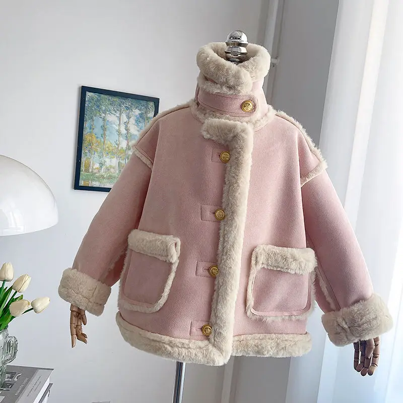 Girls Fleece Thick Wool Coat Children 2024 New Autumn Winter Fashion Simple Casual Warm Wool Coat Korean Sweet Style Clothes