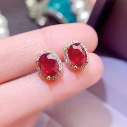 Classic 925 Silver Ruby Earrings 6mm*8mm 2ct Heated Natural Ruby Stud Earrings Allergy Free 18K Gold Plated Silver Jewelry
