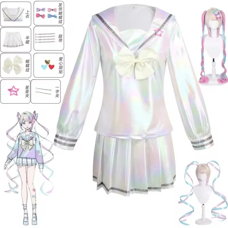 Game NEEDY GIRL OVERDOSE KAngel Cosplay Costume Full Set of Clothing Sailor Suit Jk Uniform Laser Color Skirts Ribbon Wig † †