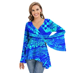 Wholesale Samoan Style Polynesian Tribal Women Long Sleeve Floral Printed Shirts Custom Women Summer T-shirts Blouse