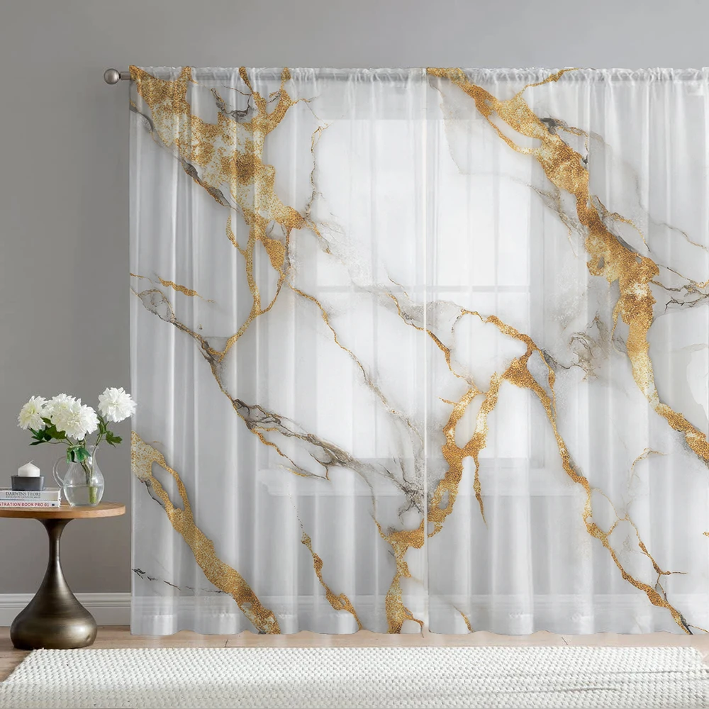 2Pcs Gold Plated Cracked Marble Pattern Print Home Decoration Window Screens Suitable For Coffee Shops, Restaurants