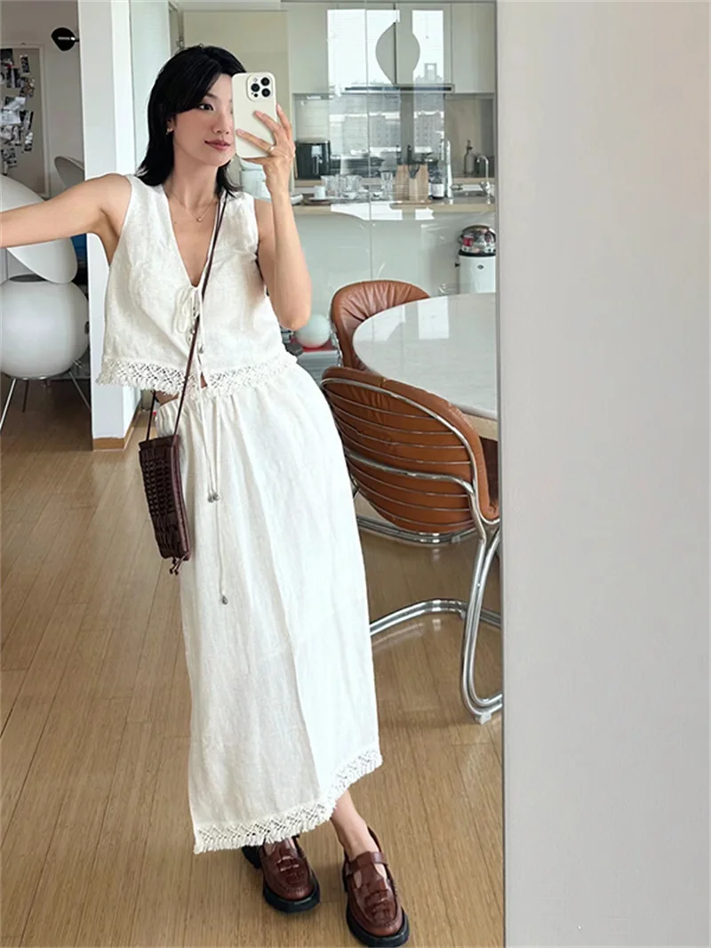 Summer 2024 Women Solid Color Tassels Set V-Neck Lace-Up Sleeveless Short Vest Elastic High Waist A-Line Midi Skirt for Holiday