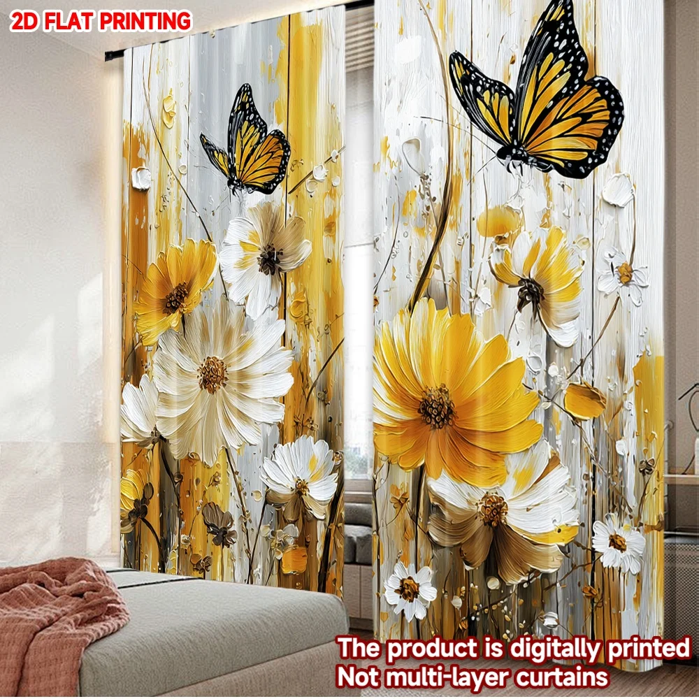 

2pcs Butterfly Flower Curtains Bright Yellow White Blooms with Black Yellow Butterfly Pattern for Cozy Bedroom Decor