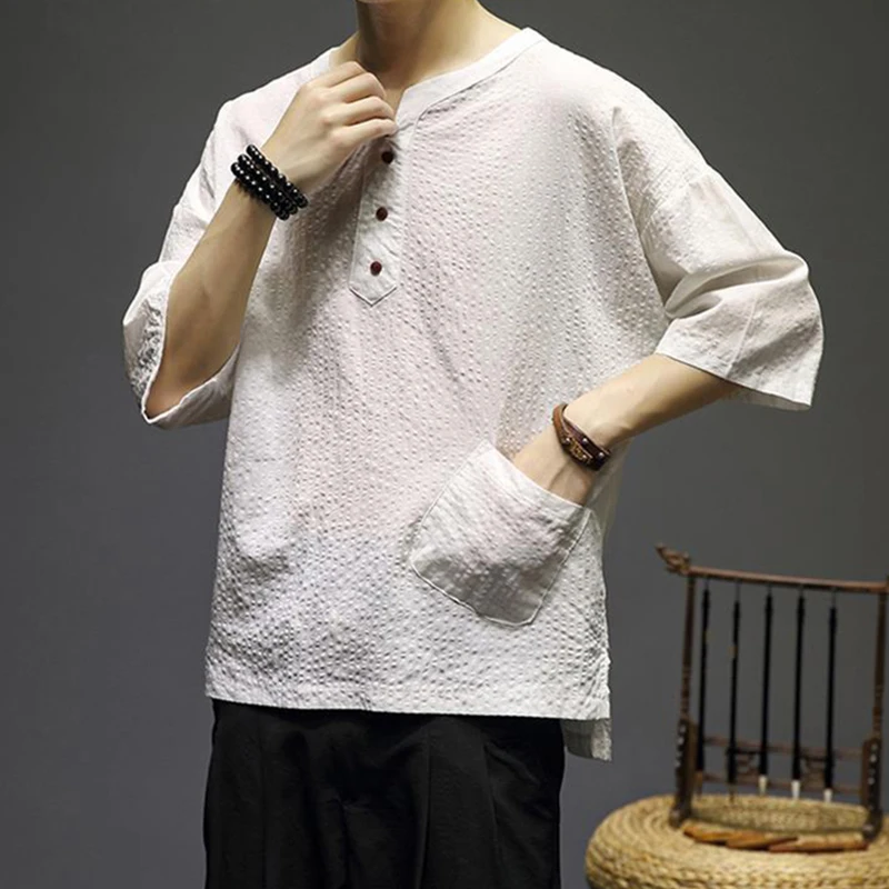 Chinese Style Cotton And Linen Short Sleeve O Neck Men T Shirt Summer Hanfu Tang Suit Fashion Harajuku 2xl Oversized Clothes Top