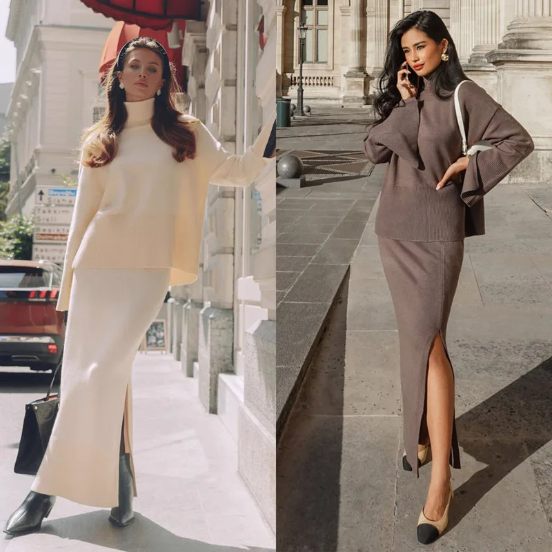 

2025 Winter Women 2 Pieces Knitted Skirt Suit Soft Turtleneck Sweater Wide Skirt Casual Elegant Outfit Thick Knit Set For Ladies