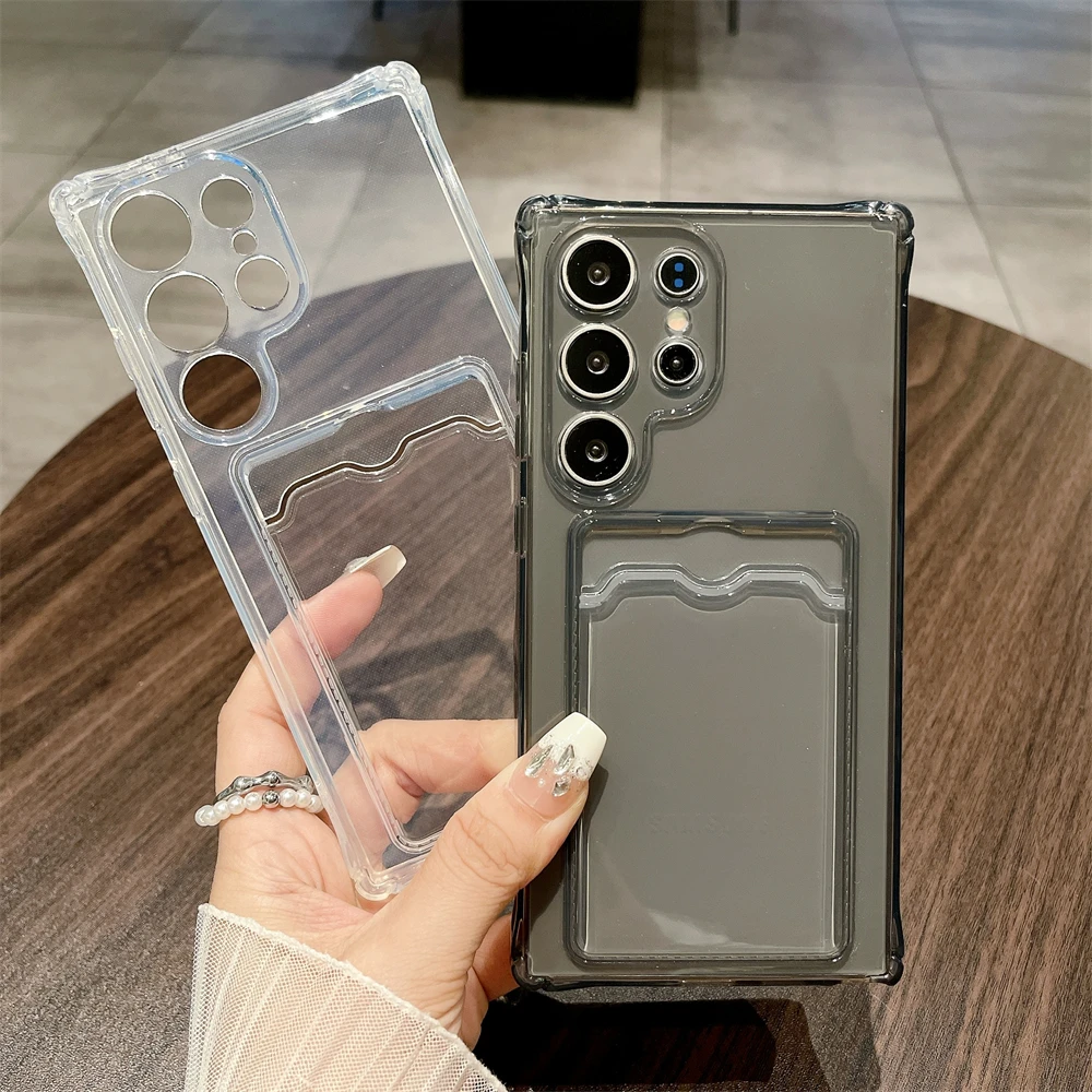 Transparent Card Slot Phone Case For Samsung Galaxy S26 S25 Edge S24 S23 S22 S21 Note 20 Ultra Plus FE Shockproof Soft Cover