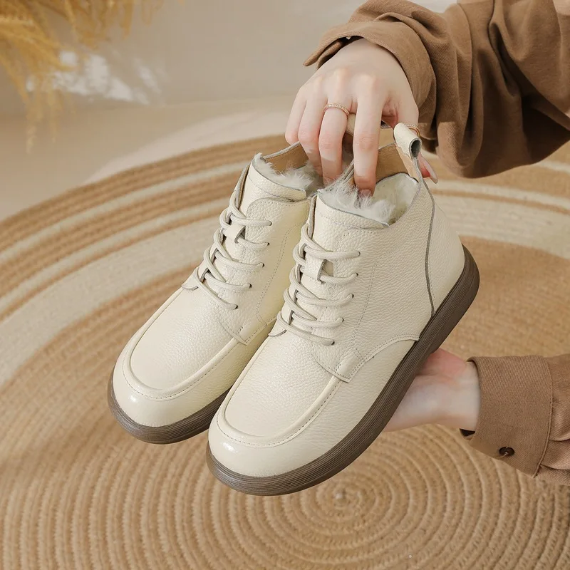 

Cowhide and wool short boots flat bottomed boots 2025 autumn and winter with plush retro new women's boots