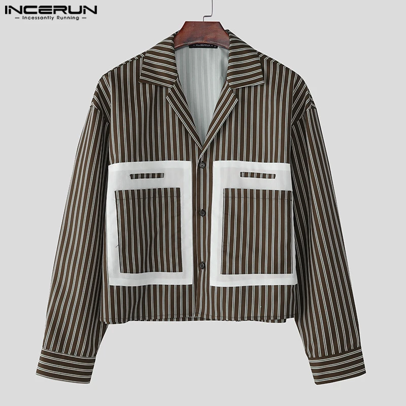 

INCERUN Мужская рубашка в полоску в стиле пэчворк с лацканами и длинными рукавами на пуговицах, повседневная мужская одежда, уличная одежда, свободные модные укороченные топы 2025, мужские