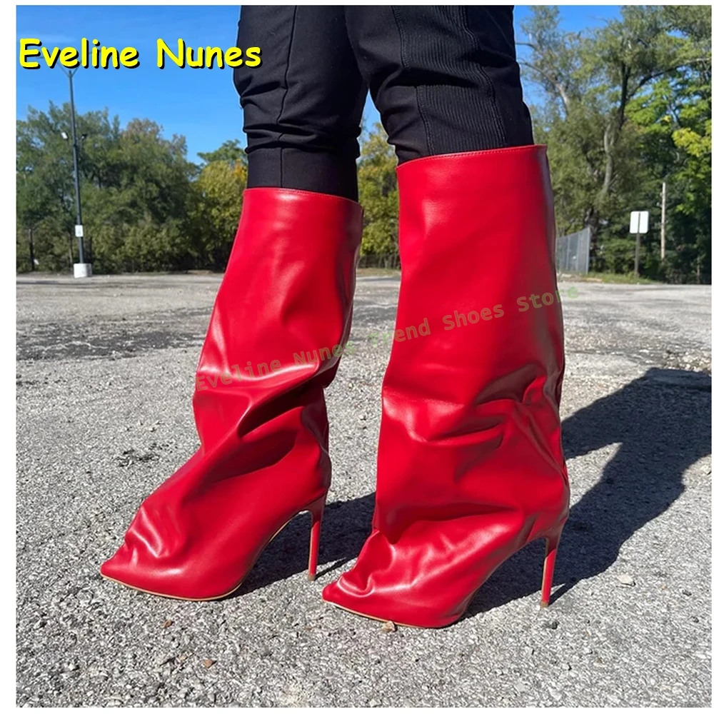 الأحمر خنجر مثير حذاء برقبة للركبة أشار تو مطوي الصلبة سحب على فتاة حار أنيق الأحذية الحديثة المدرج عرض الأحذية 2025 الاتجاه #1