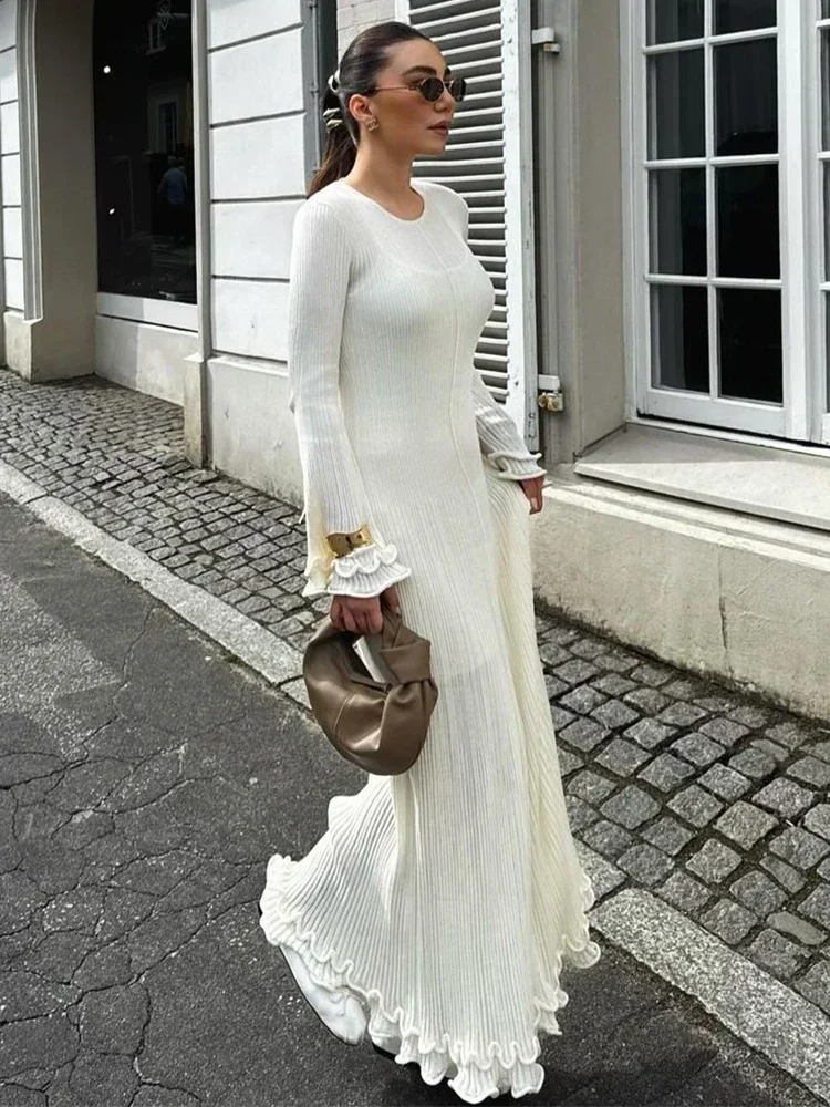 

Women Elegant Ruffle Hem Knit White Long Dress O-neck Flare Long Sleeve Backless Bandage Dresses 2024 New Evening Party Robes